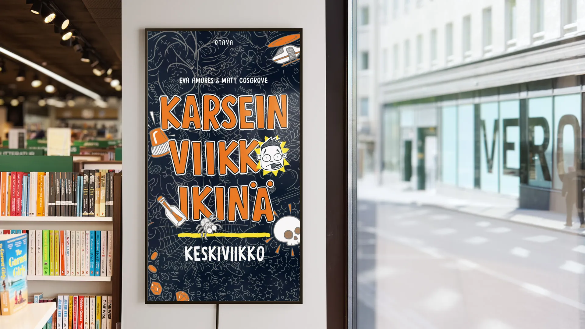 In-store digital screen ad for Worst Week Ever book at Akateeminen Kirjakauppa