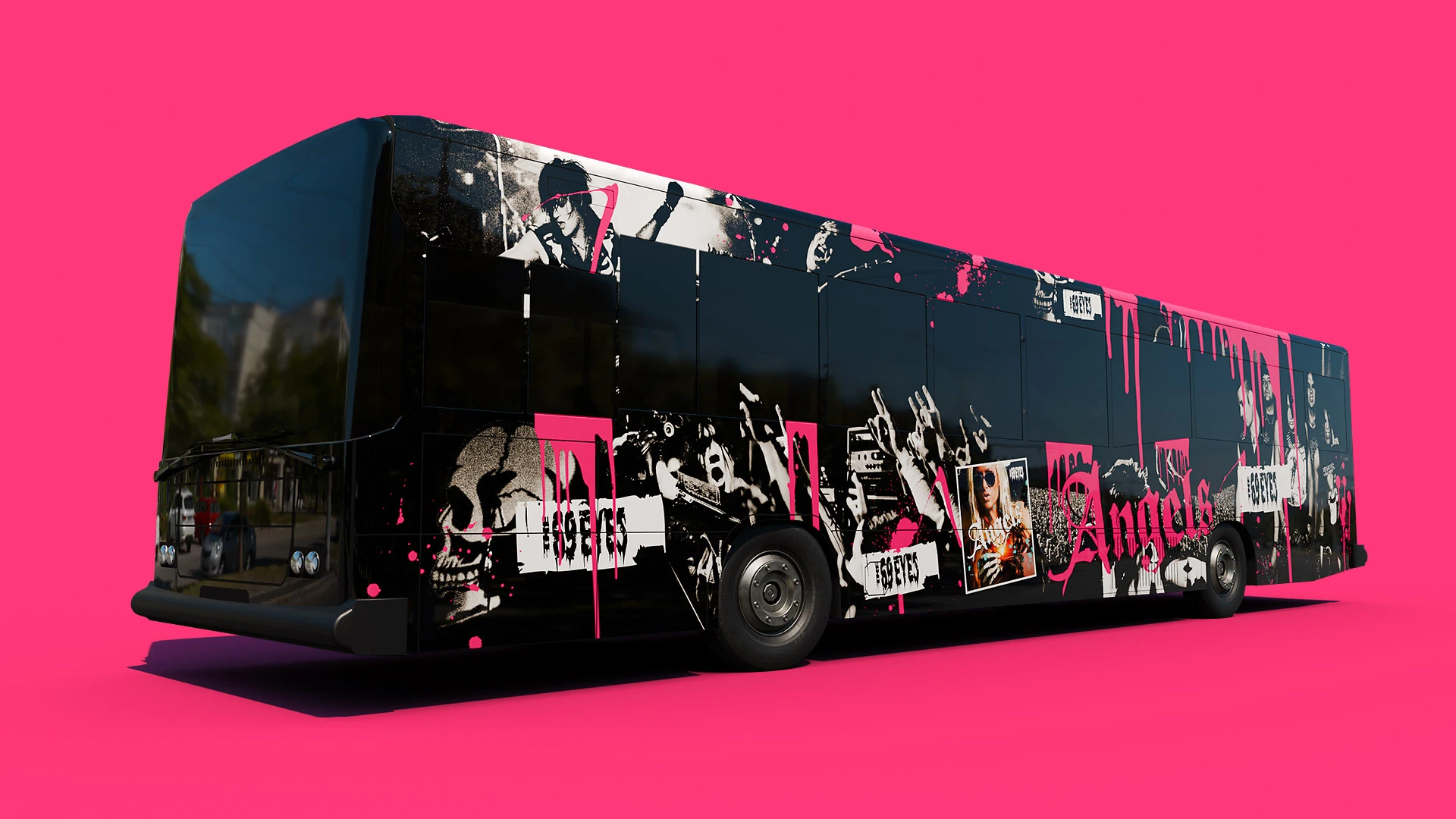 HSL:n 69-linjan bussi teipattuna The 69 Eyes -yhtyeen keikkabussiksi