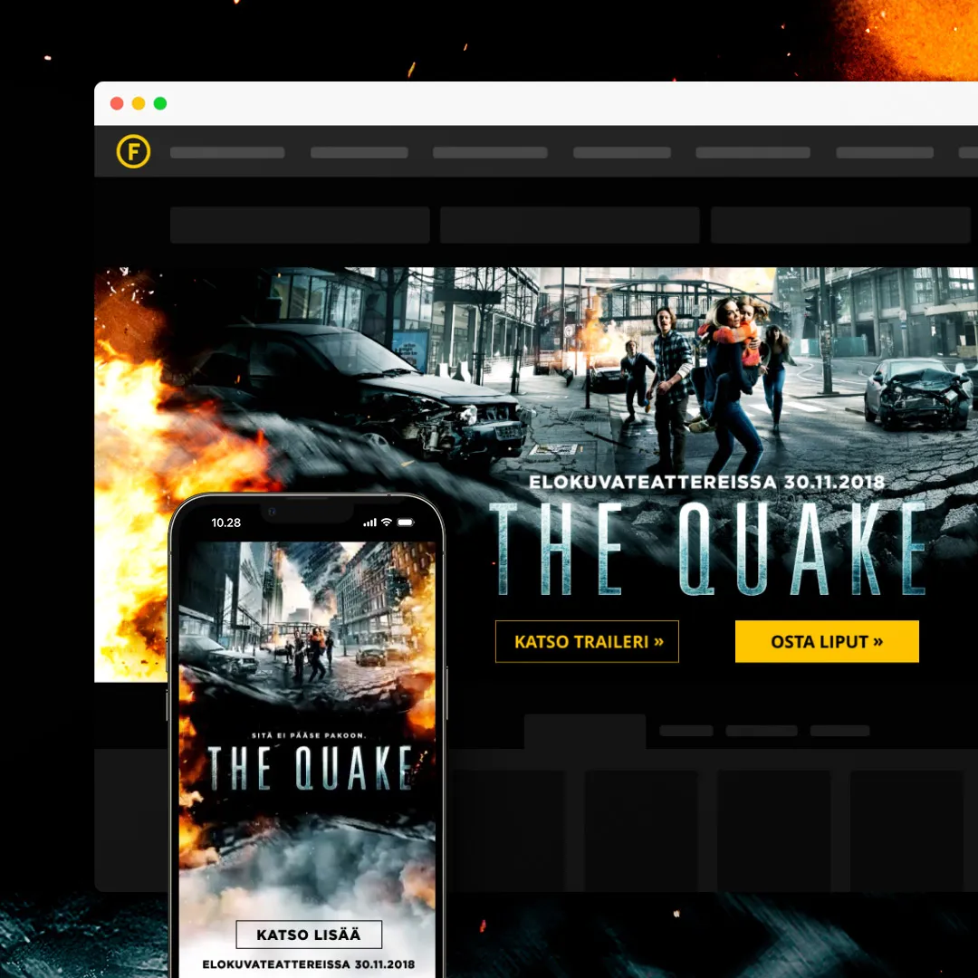 Video display-mainoksia The Quake -elokuvalle Finnkino.fi:ssä